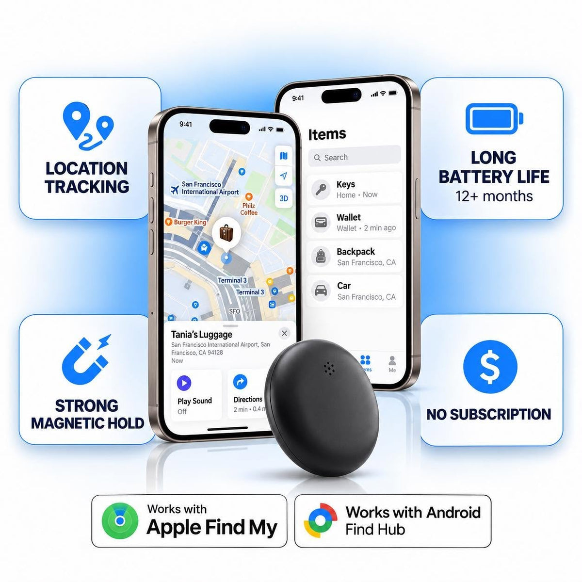 Location tracking, long battery life, magnetic hold, no subscription